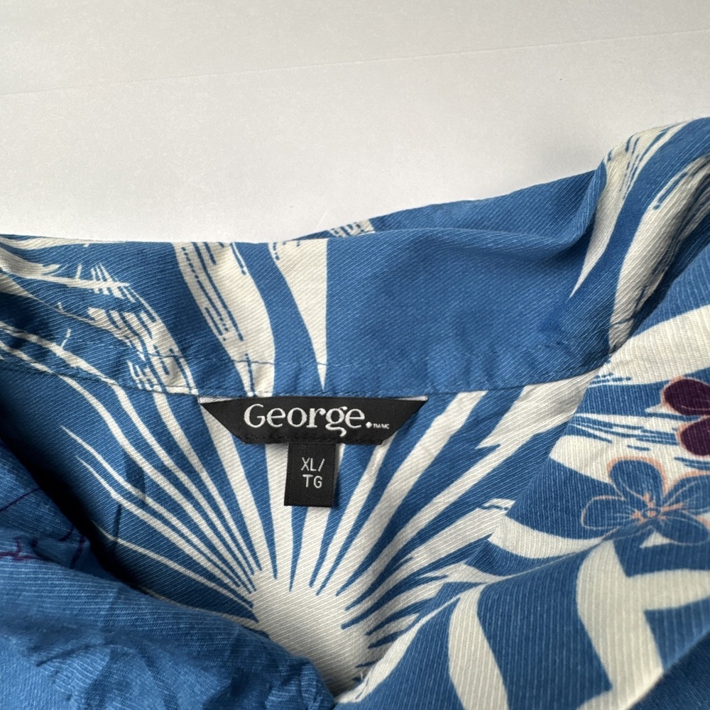 George Button Down Shirt Tropical Floral Hibiscus Print‎ XL Blue Short Sleeve - Picture 5 of 7